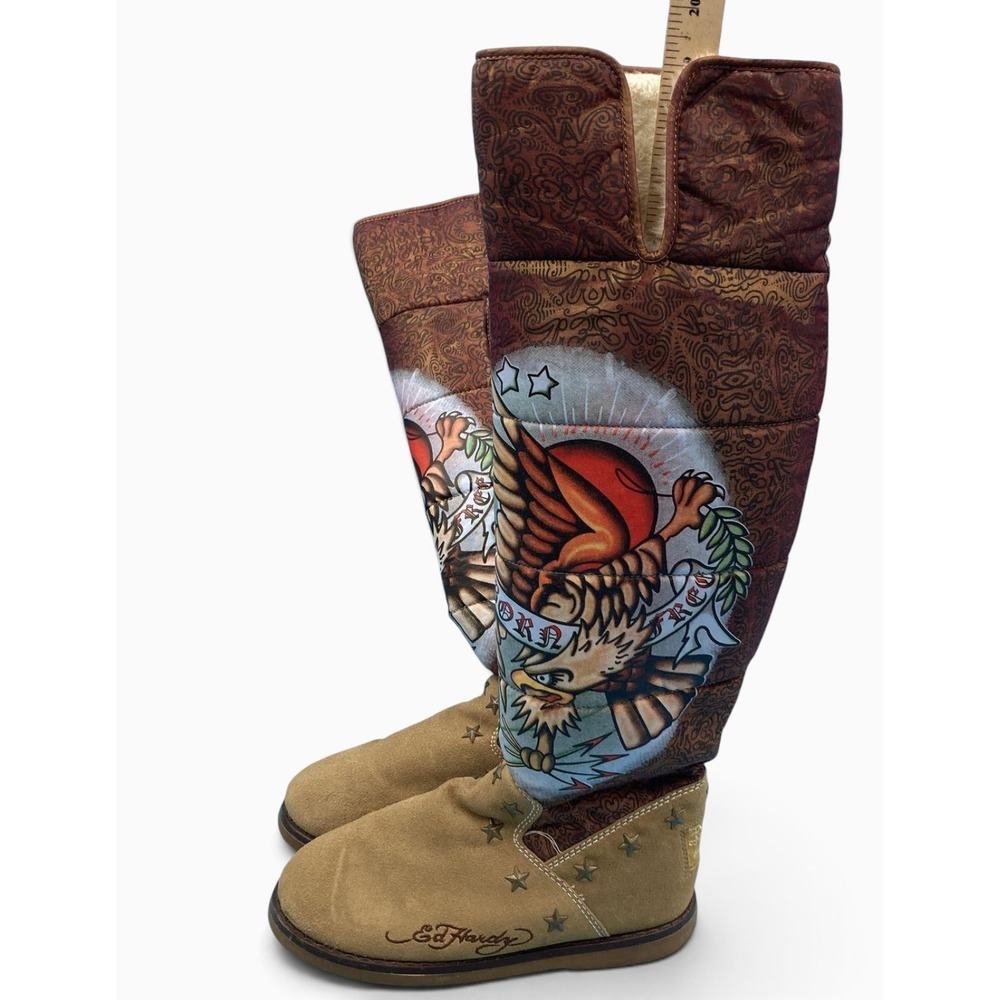 Vintage Y2K Ed Hardy Born Free Eagle Boots Womens 7 Suede Fur Lined Tattoo